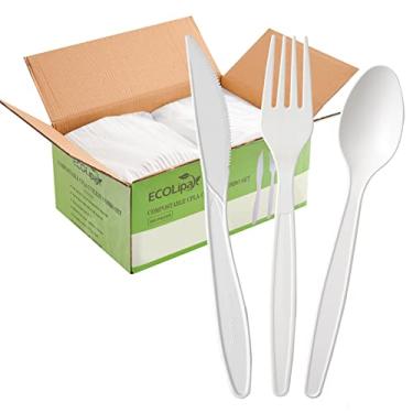 Imagem de ECOLipak Conjunto de talheres 100% compostáveis de 350 peças, conjunto de talheres descartáveis biodegradáveis de tamanho grande de 7" - 150 garfos 100 colheres 100 facas, utensílios CPLA resistentes à base de bio-base para festas, churrascos, piquenique