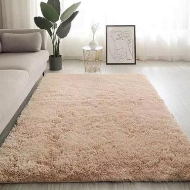 Imagem de Tapete peludo grande para sala de estar, tapete artificial branco de cabeceira, macio e fofo, lavável, decoração de tatami, cor camelo, 200 x 180 cm (78,8 x 71 pol.)