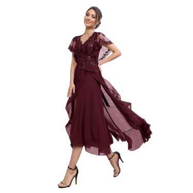 Imagem de Vestidos Mãe da Noiva Lantejoulas Decote em V Manga Curta Vestido de Noiva Vestido de Noiva Alto Baixo A Linha Chiffon Vestidos de Convidada para Casamento para Mulheres, Borgonha, 50