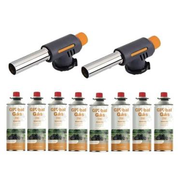 Imagem de Kit 2 maçarico culinário automatico controle de chama  + 8 refil gás b