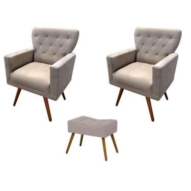 Imagem de Kit 2 Poltronas Decorativa Aurora + 1 Puff Retangular Suede Bege Pés M