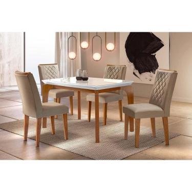 Imagem de Conjunto: Mesa Sala Jantar Londrina c/ Tampo Madeirado c/ Vidro 120cm + 4 Cadeiras Jade Imbuia/Linho Turim - Rufato