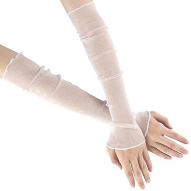 Imagem de Isslly Luvas longas de malha para mulheres, mangas brancas para braço, proteção solar sem dedos, proteção UV de verão, capas de braço refrescantes para mulheres, meninas para atividades ao ar livre,
