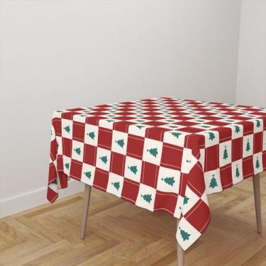 Imagem de Toalha De Mesa Quadrada Tecido Oxford Quadriculado Arvore Natal Vermel