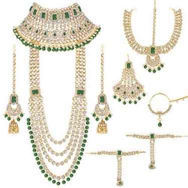 Imagem de Aheli Conjunto de joias indianas tradicionais indianas pesadas gargantilha colar brincos Maang Tikka Nath Paasa Hath Phool em contas Kundan falsas, Standard, Metal, Sem Pedra Preciosa