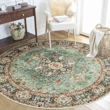 Imagem de Castage Tapete redondo verde de 1,5 m, tapetes circulares boho para quarto e sala de estar, lavável, vintage, boêmio, envelhecido, oriental, floral, antiderrapante, sálvia