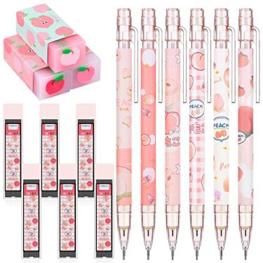 Imagem de O conjunto de lapiseiras Kawaii inclui lápis mecânicos de pêssego com tubos, refis de lápis e borrachas fofas de suco de pêssego, material escolar para desenho de arquitetura (0,7 mm)