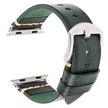Imagem de REZERO Pulseiras de relógio compatíveis com Apple Watch, pulseiras de couro curtido vegetais, de substituição para iWatch séries 10/9/8/SE, 38/40/41/42/44/45/46/49 mm, verde, prata