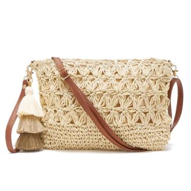Imagem de WEIMZC Bolsa de palha pequena para mulheres bolsas de verão bolsa envelope de tecido de praia bolsa de ombro ráfia, bolsa transversal de palha boho, Flor bege, Small