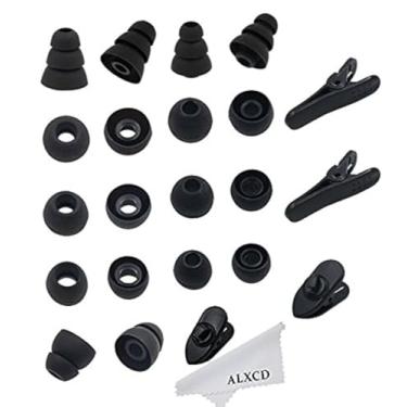 Imagem de ALXCD Pontas e clipes de substituição para fones de ouvido intra-auriculares, tamanhos P/M/G e flange dupla/tripla, 9 pares de pontas auriculares de silicone de substituição e 4 peças de clipe de fio de fone de ouvido comprido/curto (preto 18+4)