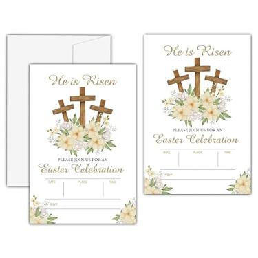 Imagem de Convites de festa de Páscoa religiosa, convites de festa de férias cristãs com envelopes, cartão de convite He is Risen, Convites de preenchimento de brunch de Páscoa, lembrancinhas de festa de Páscoa