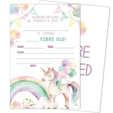 Imagem de heiyihe Convites de aniversário de unicórnio mágico, pacote com 20 convites de festa de aniversário para meninos meninas com envelopes, suprimentos de festa para chá de bebê, 10 cm x 15 cm - D14