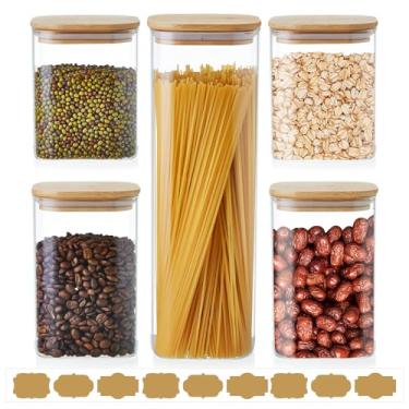 Imagem de Potes de Vidro Herméticos com Tampa de Bambu, Jogo de 5 Unidades, Potes Herméticos Bambu para Massas, Cereais, Farinha, Açúcar, Biscoitos e Avena Noturna, Frascos Quadrados para Cozinha e Despensa