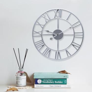 Imagem de bakbrand Relógio de parede grande 48 cm prata algarismos romanos relógio de metal operado por bateria silencioso sem tique-taque relógio moderno redondo grande relógios de parede para casa, hotel,