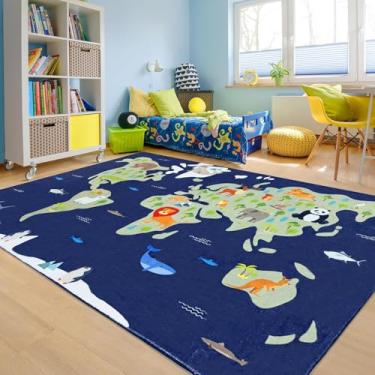 Imagem de Lacomfy Tapete infantil com mapa do mundo educativo 12 x 18 cm, tapete infantil super grande, tapete antiderrapante, lavável para crianças, meninos, meninas, sala de aula, sala de jogos, escuro
