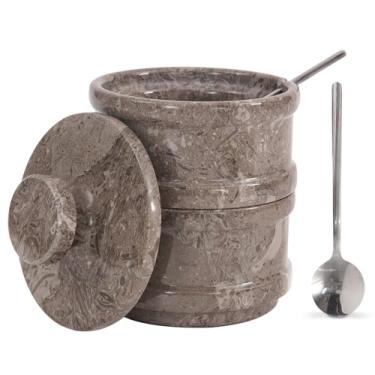 Imagem de Radicaln Tigela de sal e pimenta – adega dupla de sal oceânica de mármore feita à mão de 12,7 cm com tampa – 5 cm cada recipiente de açúcar mascavo para temperos e ervas acessórios de cozinha