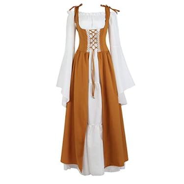 Imagem de Zhitunemi Fantasia feminina renascentista, vestido de fada, gótico, camponesa, fantasia medieval, Amarelo, XXG