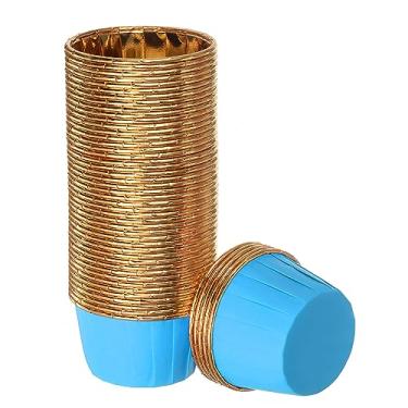 Imagem de HARFINGTON Copos de cupcake de ouro azul, 50 peças, folha de alumínio, 100 ml, forros de cupcake padrão, copos de cupcake para decoração de festa de aniversário, decoração de casamento