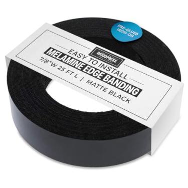 Imagem de 22 mm de borda de melamina preta, fita de revestimento pré-colada – rolo de 7,5 metros – Passar a ferro para fácil aplicação – cobrirá a borda de um painel padrão MDF