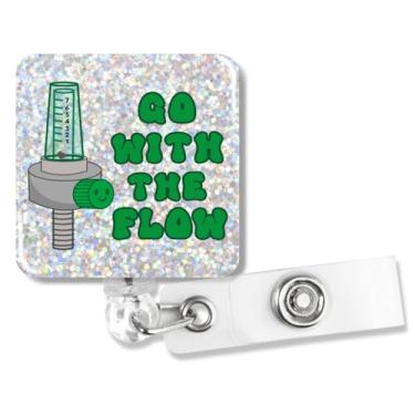 Imagem de PUVOXHO Go with The Flow Carretel de crachá com glitter, suporte retrátil para crachá com clipe jacaré para enfermeira de emergência médica RT Med Surg Healthcare Worker Pulmonology, presentes de