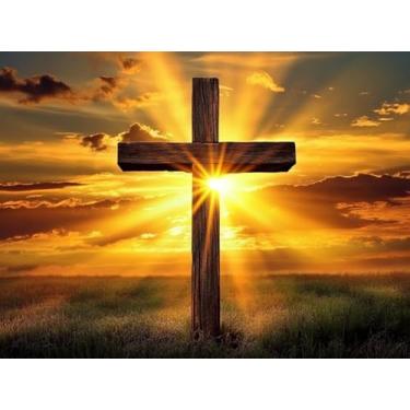 Imagem de F-CANLAN Kit de pintura de diamante redondo completo com cruz 5D kits de arte de diamante para adultos nascer do sol cruz pintura de diamante com pedra preciosa para decoração de quarto adulto