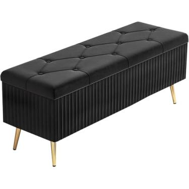 Imagem de Banqueta retangular de veludo dobrável para armazenamento contra incêndios, armazenamento de grande capacidade, adornado com botões e pernas antiderrapantes, 60 x 40 x 45 cm, preto