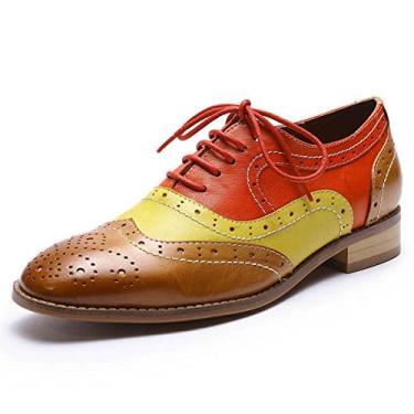 Imagem de Mona flying Sapato feminino de couro perfurado com cadarço Oxfords Wingtip Derby Brogue para mulheres, Marrom-amarelo-vermelho, 35 BR