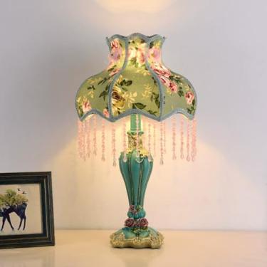 Imagem de LIFENICEST Abajur Floral Vitoriano, Abajur De Mesa De Tecido Verde, Abajur Europeu Pastoral, Abajur Romântico De 1 Luz, Abajur De Mesa Com Flor Rosa Fofa, Abajur De Renda De Tecido Vintage Com Contas