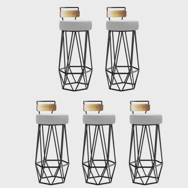 Imagem de Kit 05 Banqueta Com Encosto Botti Hexágono Cozinha Peroba Rosa Ferro Preto Corino Branco - Ahz Móveis