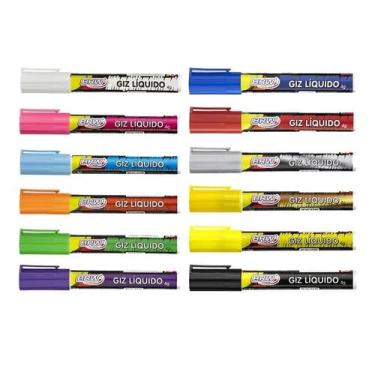 Imagem de Kit 12 Giz Líquido 6mm brw Canetão Quadro Lousa Vidros Carro