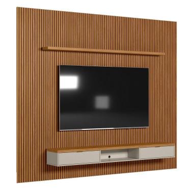 Imagem de Painel Ripado Marisa Com 1 Nicho Com Tampo Engrossado E 1 Prateleira Nature E Off White 300x250 Cm