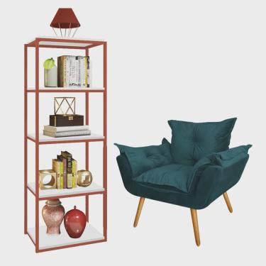 Imagem de Kit Poltrona Fatte com Estante Livreiro Ferro Bronze mdf Branco Suede Azul Turquesa - Ahazzo Móveis