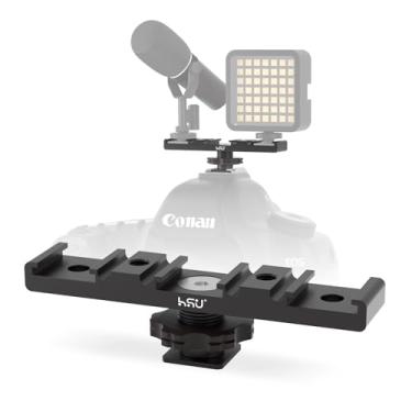 Imagem de HSU Suporte de sapata fria, suporte de sapata quente de cabeça tripla, porta de parafuso de 1/4, adaptador de placa de sapata fria de alumínio com compartimento de cabo baioneta para microfone, luz de