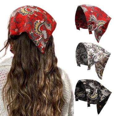 Imagem de Lenço de cabelo floral para mulheres - HAIMEIKANG Boho Hair Bandanas cachecol para mulheres cabeça triangular lenço de cabelo cor sólida faixas de cabelo vintage lenço de cabeça (preto+branco + vermelho)