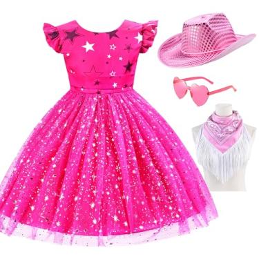 Imagem de ZZIHAN Vestido de vaqueira para meninas de 6 a 7 anos – Roupa rosa inspirada no filme com saia de lantejoulas, chapéu brilhante, bandana com franjas e óculos de discoteca – Ótimo para Halloween, dias