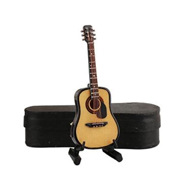 Imagem de Dselvgvu Miniatura de madeira com suporte e estojo Mini instrumento musical réplica de guitarra acústica estatuetas colecionáveis modelo decoração de casa ornamento de exibição (cor de madeira, 10 x