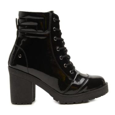 Imagem de Bota Coturno Feminino Salto Médio Tratorado 8cm Confortável Verniz, 38