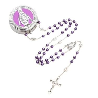 Imagem de Colar de rosário católico com contas de pérolas artificiais de 6 mm com peça central da Virgem Maria e pacote de crucifixo em caixa de presente de metal, 20inches, Acrílico, Sem Pedra Preciosa