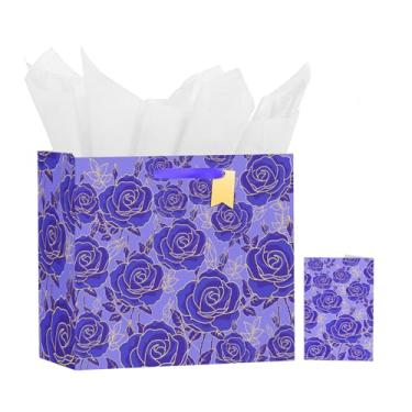 Imagem de Usmilegift Conjunto de bolsa de presente com tema de rosa roxa de 33 cm para marcos femininos - aniversários, dia dos namorados, casamentos, aniversários etc. O kit inclui cartão e papel de seda