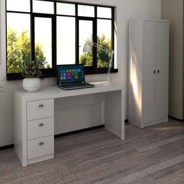 Imagem de Conjunto Home Office 2 Peças Escrivaninha 3 Gavetas Com Armário 2 Portas Espresso Móveis Branco