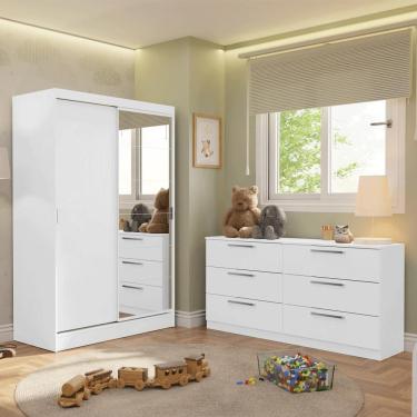 Imagem de Kit Guarda-roupa Infantil Max 2 Portas De Correr Com Espelho + Cômoda Branco Madesa Branco