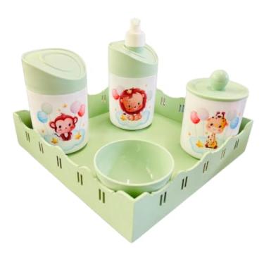 Imagem de Kit Higiene Baby Safari Menino e Menina c/bandeja em MDF (QUADRADA VERDE/VERDE, Leão/Macaco/Girafa - Balões)