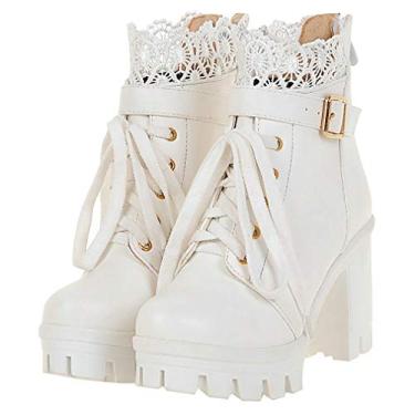 Imagem de Parisuit Botas femininas de cano curto com plataforma grossa Lolita salto alto com cadarço e zíper nas costas, Branco 1, 10