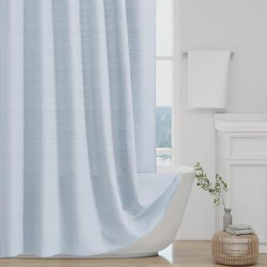 Imagem de Craidlela Cortina de chuveiro boho azul neblina, cortinas de chuveiro texturizadas de girassol jacquard para banheiro, cortina de chuveiro de hotel estilo fazenda macia com 12 ganchos, parte superior