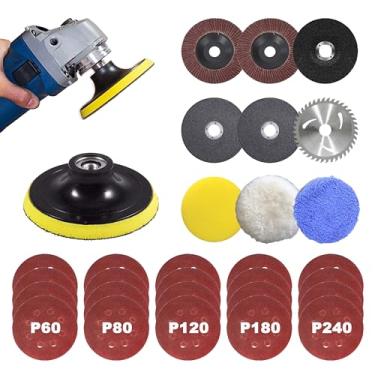 Imagem de 30 pacotes de acessórios de rebarbadora, almofada de suporte de gancho e laço, disco de aba, disco de óxido de alumínio, disco de corte, lâmina de serra, esponja de polimento, lixa, 12 cm para