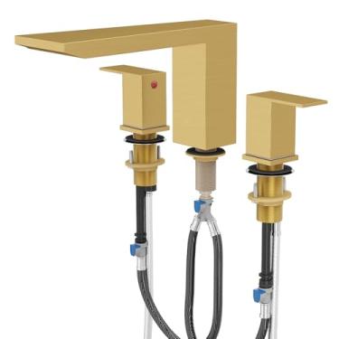 Imagem de BESy Torneiras de banheira romanas de cachoeira, conjunto de torneiras de banheira de montagem em convés, 3 furos, duas alças, torneiras de banheira de enchimento generalizadas com válvula, mangueiras