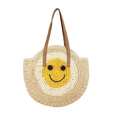 Imagem de SHAREYOIU Bolsa feminina redonda de palha, bolsa de ombro, bolsa de praia, bolsas de mão com alça superior, design vazado, Bege