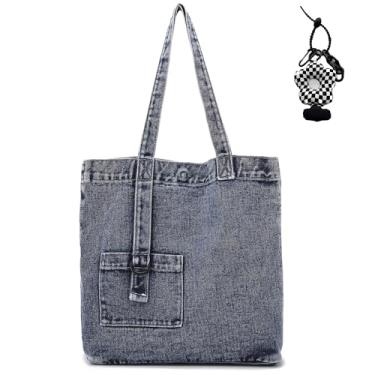 Imagem de Micmores Bolsa jeans feminina vintage, bolsa de ombro moderna, bolsa jeans para trabalho, viagem, compras, Azul, Large, Sacola jeans moderna