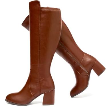 Imagem de Ruiee Botas femininas extra largas na altura do joelho, bota de salto grosso, larga, confortável, plus size, longa, Gogo para mulheres., Marrom PU 370, 11 X-Wide