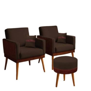 Imagem de Kit 02 Poltronas para Sala Decorativa Lis com Almofada e Puff Redondo Corino Peroba e Suede Aninha Decor (Marrom)